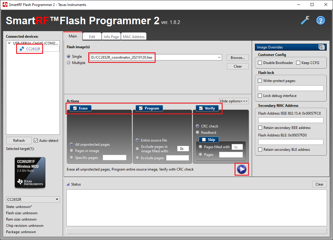 SmartRF Flash Programmer 2 ready to erase, program and verify