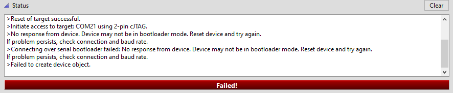 SmartRF Flash Programmer 2 showing a BSL connection failure